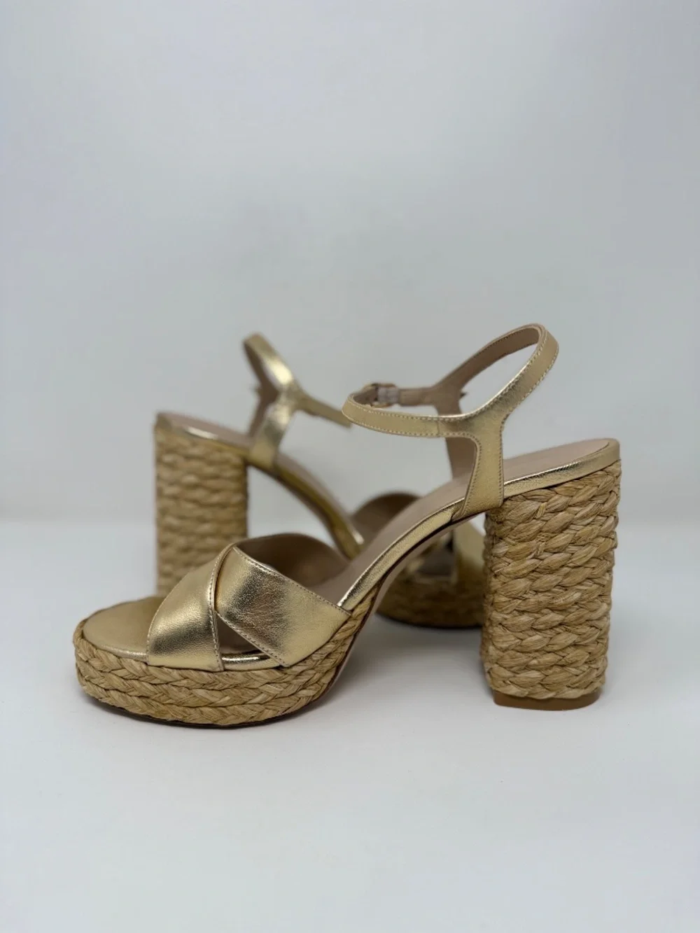 New Stuart Weitzman Dayna Metallic Leather Raffia Platform Sandal Sz 8